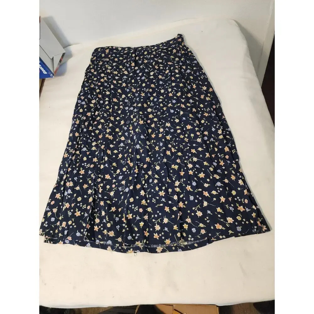 Vintage Sag Harbor Petite Large Floral Skirt Button Front Navy Midi Cottagecore